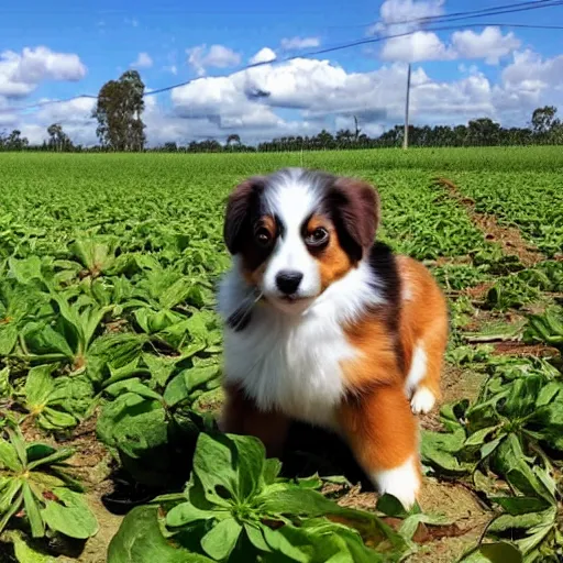 Image similar to a mini australian shepard wearing rubber boots while picking strawberries