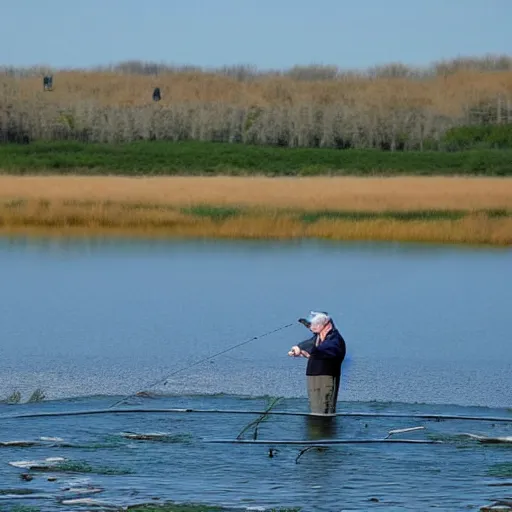 Prompt: donald trump fishing with putin beautiful lake