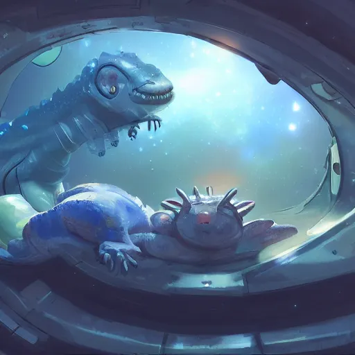 Prompt: cute babylizzard sleeping in a space station, fantasy, concept art, artstation, tyler edlin, feng zhu