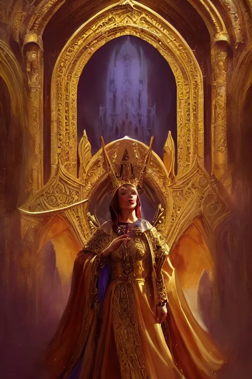 Prompt: Priestess, golden robes, accessories, beautiful, holy magic, casting, church background, high fantasy, dnd, d&d, detailed, gorgeous derriere, face focus!, matte painting, extremely detailed!, behind, by Genzoman, greg rutkowski, WLOP and Andrei Riabovitchev, trending on Artstation, artstationHD, artstationHQ, deviantart