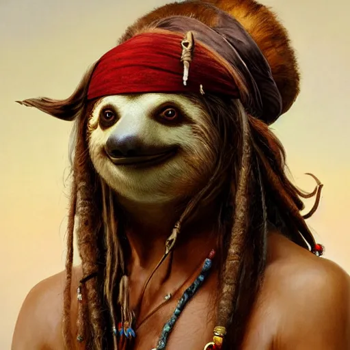 Image similar to Portrait of a Sloth dressed as Jack Sparrow, highly detailed oil painting, photorealistic, highly detailed, digital painting, artstation, concept art, smooth, sharp focus, illustration, art by artgerm and greg rutkowski and alphonse mucha