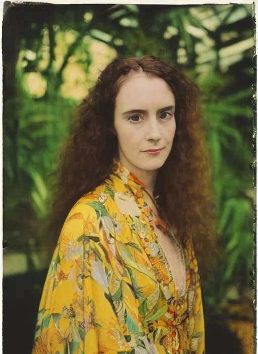 Image similar to Pre - raphaelit grainy head to shoulder portrait Polaroid film photograph of an elegant lovely woman wearing a yellow kimono with a very detailed barn owl on her shoulder!!! in a tropical greenhouse. looking at the camera!!. slight smile. super resolution. Extremely detailed. face like Jennifer Connelly. Polaroid 600 film.