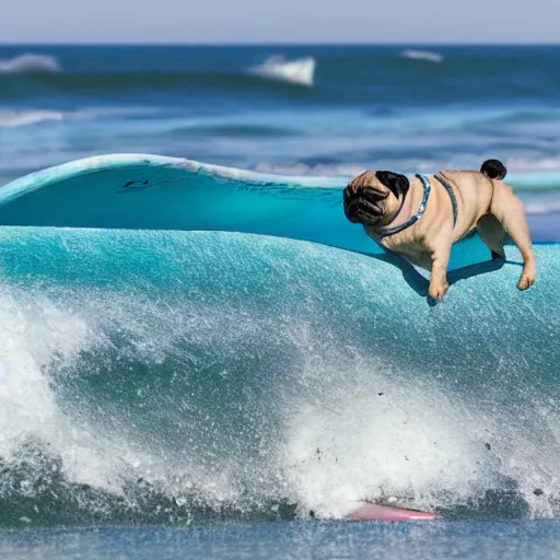 Prompt: pug riding a huge wave on a surf board, mid - summer