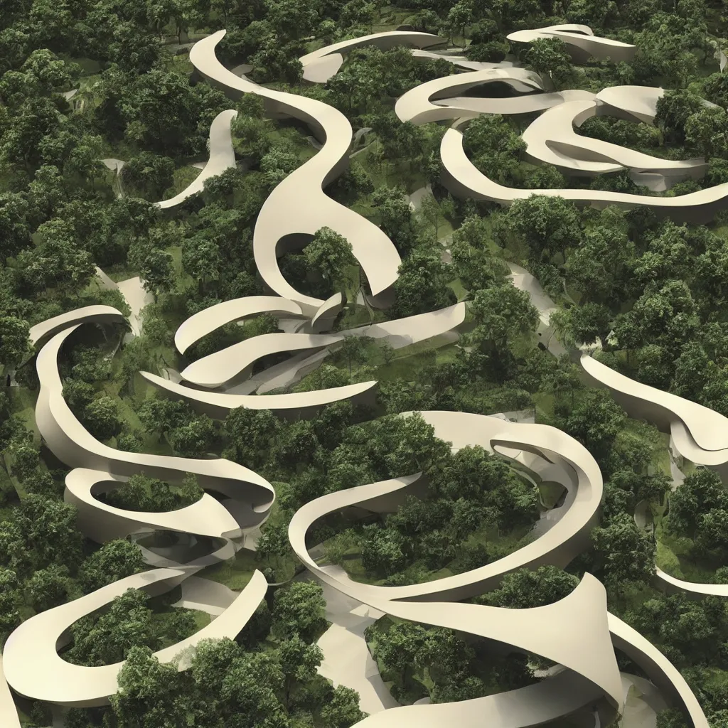 Image similar to “ a incredible smooth curvilinear architectural sculpture, unfolding continuous golden surfaces enclose a visually interesting garden designed by zaha hadid, architecture render ”