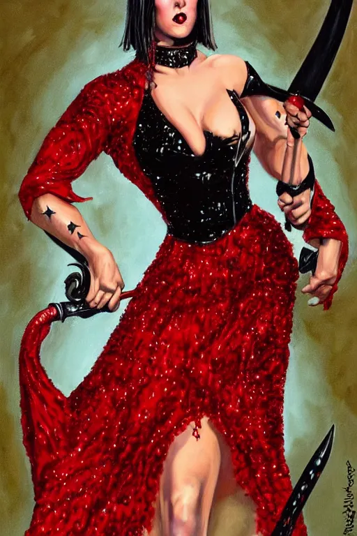 Image similar to Lord Licorice in a red and black sequins gown holding a peppermint sword, painting by Mark Brooks