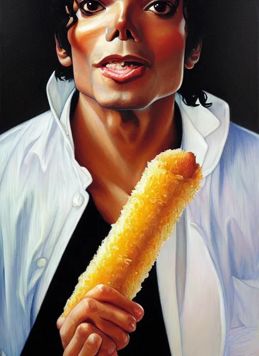 Prompt: michael jackson eating a corndog, painting by artgerm and greg rutkowski and alphonse mucha