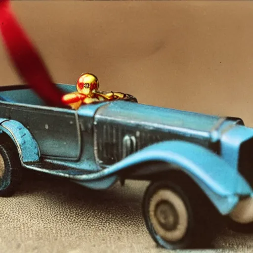 Prompt: photo of old Soviet steel toy car, 1930s, retro, 35 mm