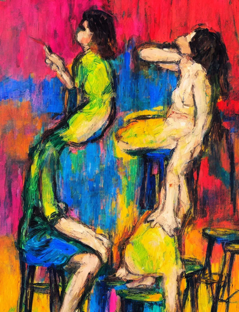 Prompt: A woman sitting on a stool reaching behind her with one hand. Close Shot. In the Style of Matthew Smith. Thick and colorful brush strokes.