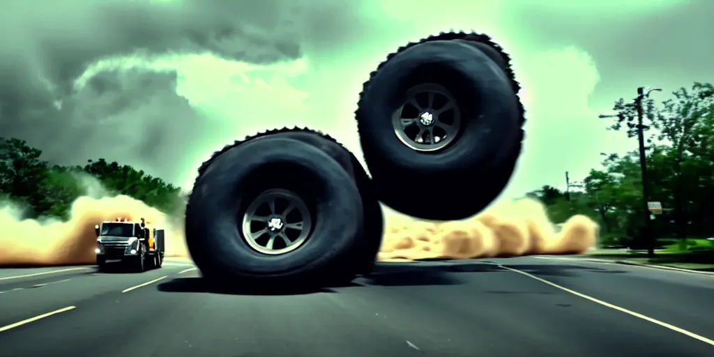 Image similar to A huge truck tire monster is rolling down the village destroying everything on its way. Dramatic, cinematic shot