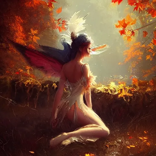 Image similar to beautiful autumn fairy by greg rutkowski, fantasy, realism, trending on artstation