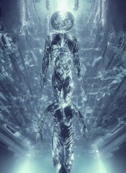Image similar to transparent astronauts in dark underwater void - complex and hyperdetailed suit. reflection and dispersion materials. rays and dispersion of light. glowing lights. volumetric light. f / 3 2. noise film photo. flash photography. ultra realistic, wide angle. poster by wayne barlowe, hajime sorayama aaron horkey, craig mullins