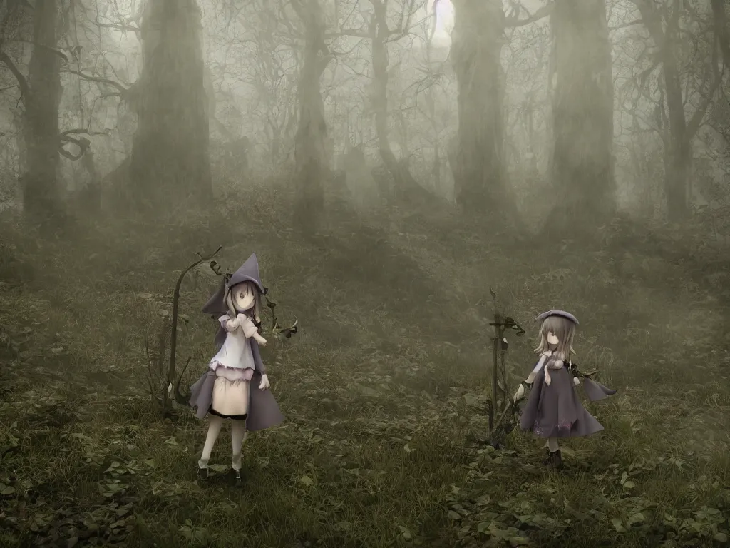 Image similar to cute gothic fumo plush witch girl ventures deep into the forbidden forest, malevolent glowing magical energy, ancient overgrown pagan monument summoning circle, volumetric fog and smoke, the bog of dark abyss, vray