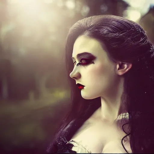 Image similar to A beautiful portrait of a lady vampire, victorian, dracula, ominous, depth of field, bokeh, irwin penn, soft light, cinematic