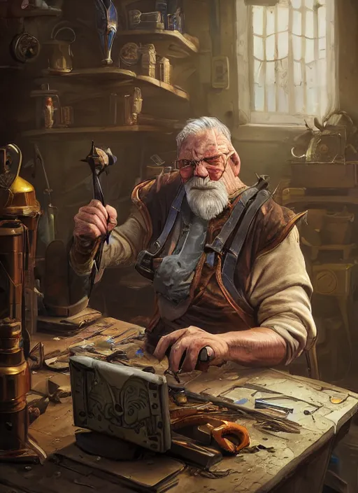 Image similar to An epic fantasy comic book style portrait painting of a an old tinker fat man working on a device in his workshop in the style of the wheel of time, unreal 5, DAZ, hyperrealistic, octane render, cosplay, RPG portrait, dynamic lighting