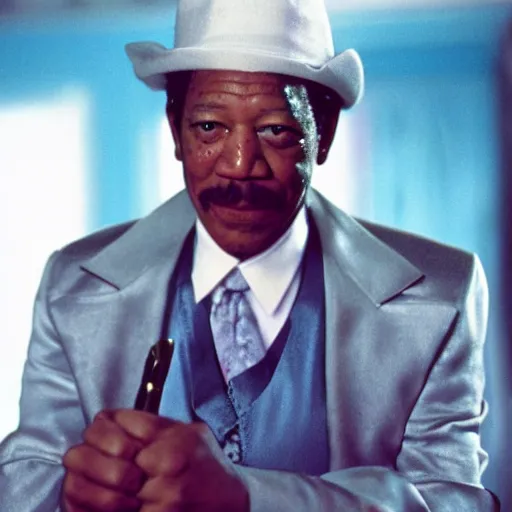 Image similar to a film still of Morgan Freeman dressed as a Pimp in a 1970s Blaxploitation film, 40mm lens, shallow depth of field, split lighting, cinematic