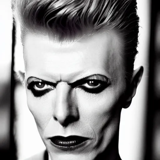 Image similar to a fashion photo portrait of a young david bowie, full makup, smokey eye, medium shot. In the style of Helmut newton, robert maplethorpe, Stefano Brunesci, Lachlan Bailey, Herb Ritts, Ellen Von Unwerth, Haris Nukem, Sardax, Annie Leibovitz. detailed photo, hd, 4k, trending on artstation, 35mm, f1.8