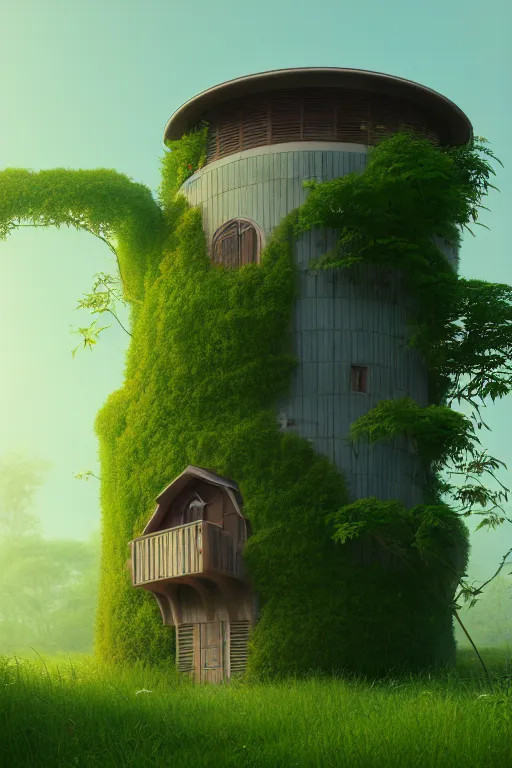 Image similar to cylindrical house, solarpunk, studio ghibli, jean - baptiste monge, octane render, 4 k, overgrown