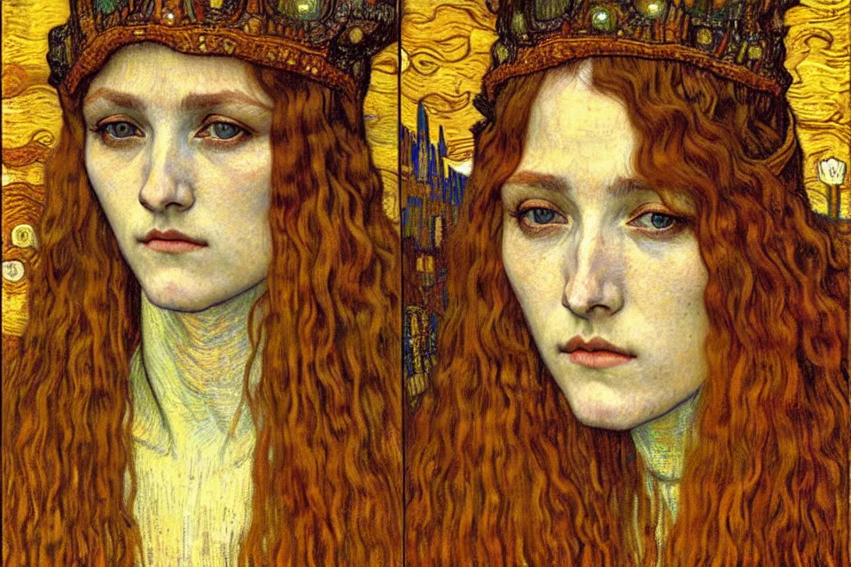 Image similar to detailed realistic beautiful young medieval queen face portrait by jean delville, gustav klimt and vincent van gogh, art nouveau, symbolist, visionary, gothic, pre - raphaelite, muted earthy colors, desaturated