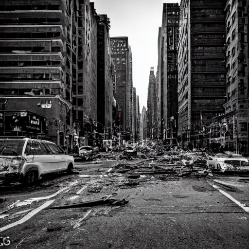 Image similar to photo of abandoned destroyed new york city street at night after the war between humans and ais, film grain, soft vignette, canon eos digital rebel xti, 1 0 0 - 3 0 0 mm canon f / 5. 6, exposure time : 1 / 1 6 0, iso 4 0 0