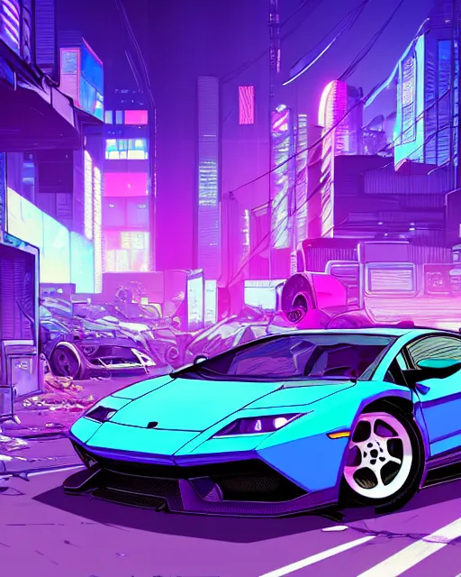 Prompt: digital illustration of cyberpunk pretty girl with blue hair, standing in front of a purple lamborghini, in junkyard at night, by makoto shinkai, ilya kuvshinov, lois van baarle, rossdraws, basquiat