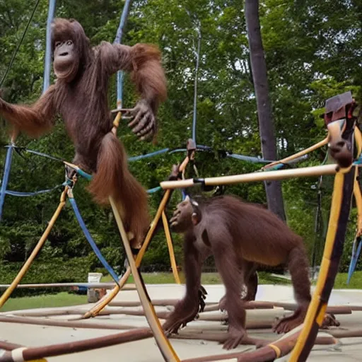 Image similar to publicity photo released by boston dynamics of its prototype robotic orangutan leaping or swinging or climbing in an obstacle - course while engineers are taking notes.