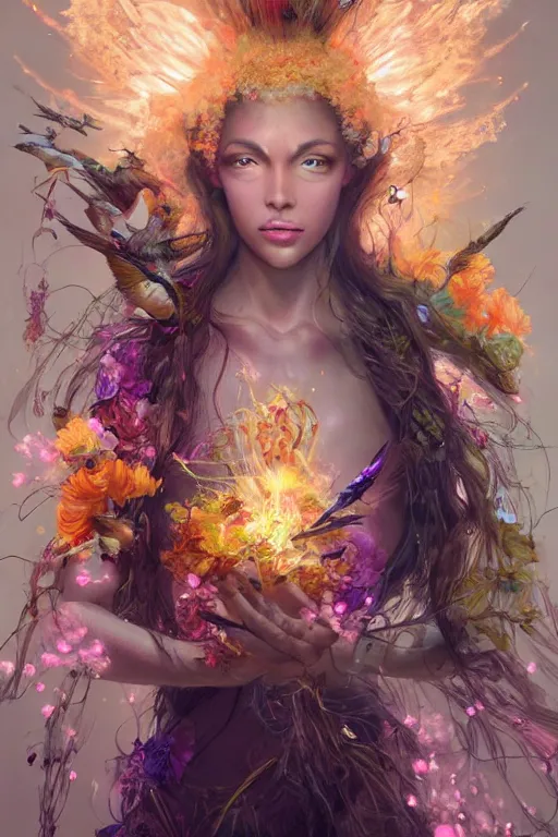 Image similar to beautiful girl witch - doctor exploding into flowers electricity crystal dress, angels, 3 d render, hyper - realistic detailed portrait, holding electricity and birds, ruan jia, wlop. scifi, fantasy, magic the gathering, hyper detailed, octane render, concept art by artgerm, peter mohrbacher