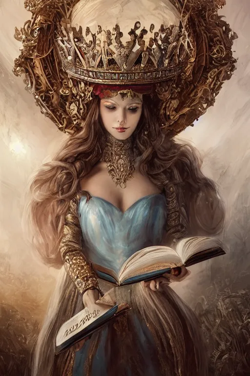 Prompt: painting the world as a queenwearing a crown and holding a book and a quill by artgerm and wlop and scott fischer and seb mckinnon, digital art, highly detailed, wide shot, intricate, fantasy, mystical, sharp focus, Trending on Artstation HQ, deviantart, unreal engine 5, 4K UHD image