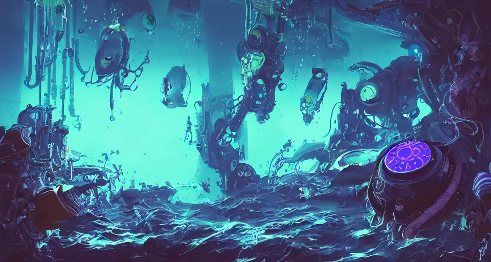 Prompt: bioluminescent underwater cyberpunk life fighting, blue, orange, purple, cyberpunk submersible, deep ocean, bottom of the sea, dark, extreme depths, organic, mariana trench, midnight zone, bubbles, hyper realistic, hyper detailed, digital art, trending in artstation, studio quality, photorealistic, photo, by jesper ejsing, wlop, paul lehr