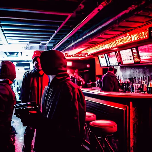 Image similar to photograph of retro techwear people loitering near the bar of a packed busy rundown nightclub, retrofuturism, brutalism, cyberpunk, sigma 85mm f/1.4, 35mm, 4k, depth of field, high resolution, 4k, 8k, hd, highly detailed, full color