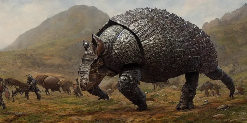 Prompt: full body blued-steel titan colossus armadillo in pacing through hills, crossing the river, mountain valley to fortress, with armour, artillery, fine art, cinematic, artstation, matte painting, masterpiece by vasnetsov and surikov, JEAN-VICTOR BERTIN