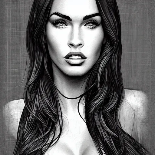 Image similar to “Megan Fox, portrait!!! Portrait based on doodles, scribbled lines, sketch by Liz Y Ahmet monochrome, concept Art, ultra detailed portrait, 4k resolution”