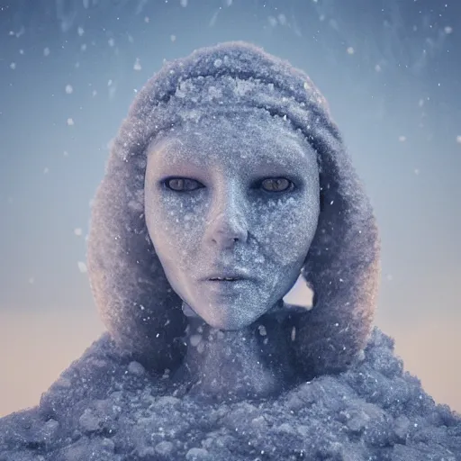 Image similar to as the world turned into a ball of ice, there was one person left who transformed herself completely into a machine, immune to the freezing temperatures no human could realistically survive. she roamed the last artifacts that haven't been completely masked by the snow; abstract, octane render, close up, 4k