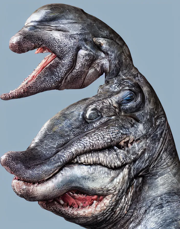 Image similar to closeup portrait of muscular animal human merged head dolphin, morphing dog head, merging crocodile head, anthropomorphic, creature, solid background