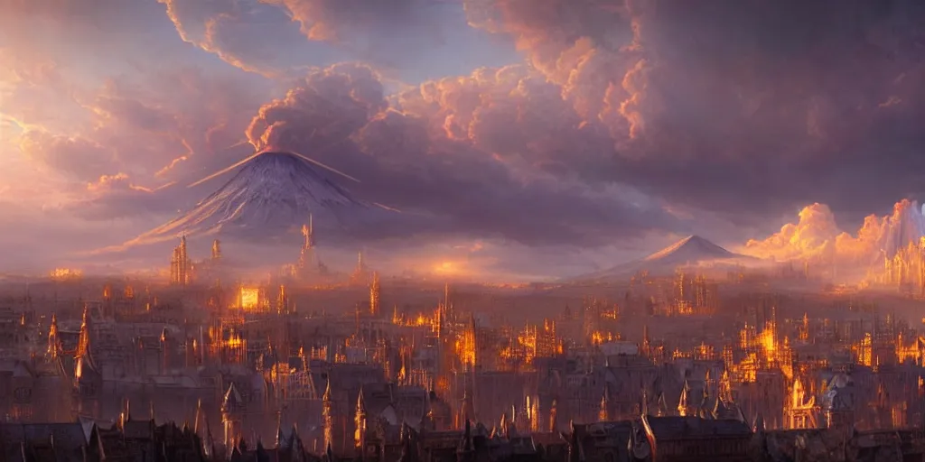 Image similar to beautiful gold fantasy city made from white stone and bright copper built on a volcano, misty, red sky, medieval city, metropolis, magic, gorgeous clouds, white marble, god rays, digital art, landscape, fantasy art, octane render, ureal engine, high detail, very realistic, by greg rutkowski. by james gurney