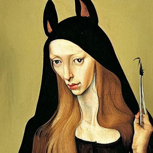 Prompt: a painting of a beautiful woman with long hair and jackal ears in the style of hieronymus bosch