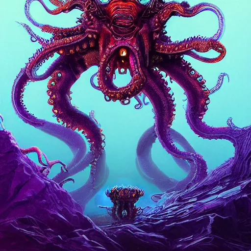 Prompt: Digital art of an eldrich octopus dragon hybrid t with glowing eyes in the style of Beksinski and System Shock, vivid cyber color scheme, trending on artstation