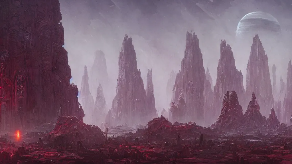 Image similar to eerie atmospheric alien planet with biomechanical plants and the ruins of civilization by les edwards and vincent di fate and anato finnstark, epic cinematic matte painting