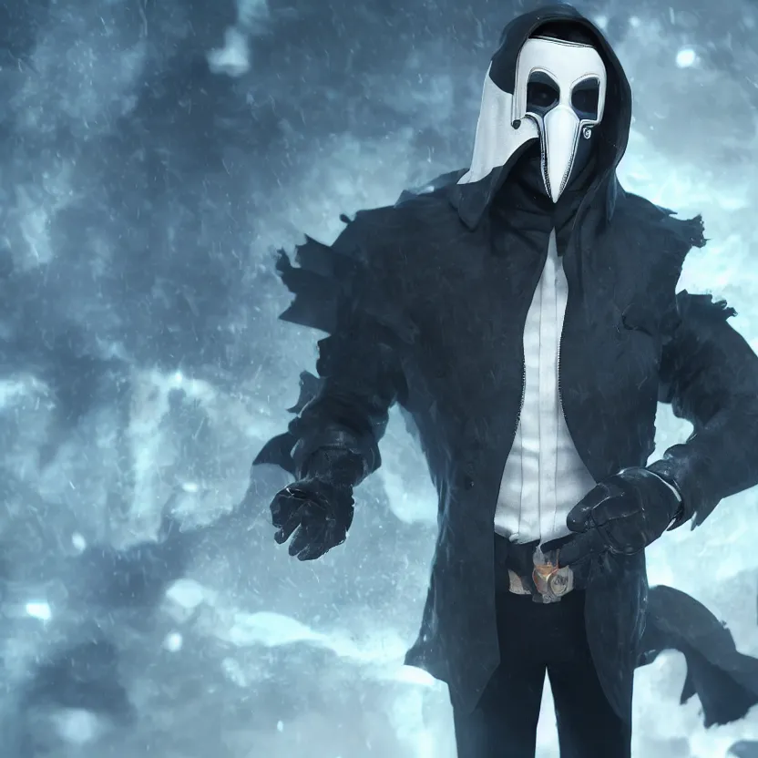 Image similar to a man wearing a dark overcoat and a white mask, game character, octane render, 8k, full-body, fantasy, blue background, high detail, high quality