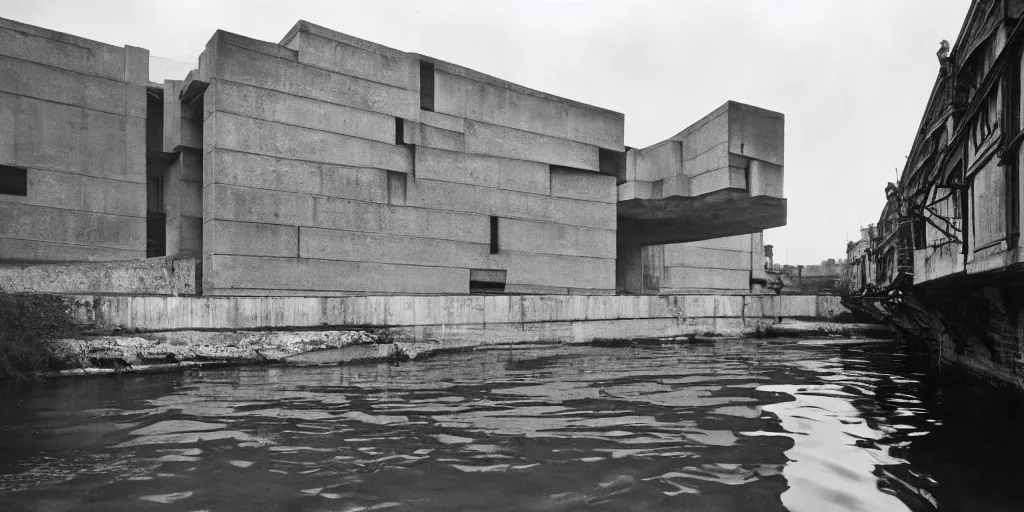 Image similar to a floating upside down brutalism architecture, ilford hp 3, photo from 1 9 5 0, emerged by a river