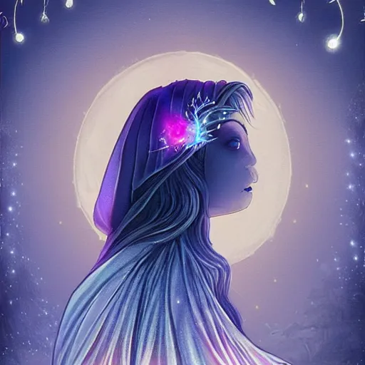 Prompt: beautiful hooded goddess of the moon with bunny ears, character art, dark midnight enchanted forest, dark indigo and iridescent spectral glow, Soft fairy lights and fireflies