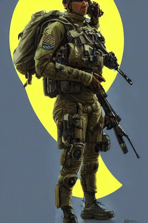 Image similar to a special forces unit soldier modern technology, blue and yellow shoulder patch, realistic portrait full body, symmetrical, highly detailed, digital painting, artstation, concept art, smooth, sharp focus, illustration, cinematic lighting, art by artgerm and greg rutkowski and alphonse mucha