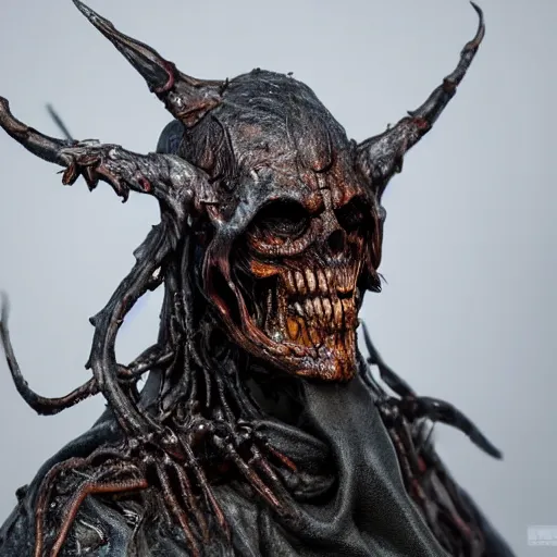 Image similar to photo taken of an epic intricate, ultra detailed, super realistic gritty, wet, slimy, lifelike sculpture of a nightmarish hellish humanoid grim reaper creature created by weta workshop, menacing, some zoomed in shots, photorealistic, sharp focus, extremely cold blueish colour temperature, f 0. 4, full body shot