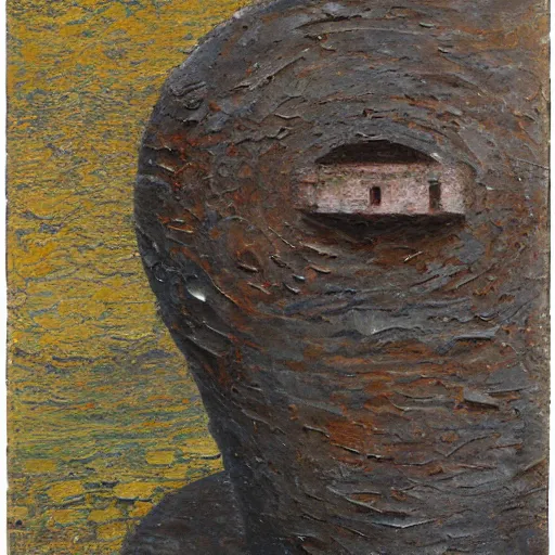 Image similar to a detailed, impasto painting by shaun tan and louise bourgeois of an abstract forgotten sculpture by ivan seal and the caretaker, lost in the past