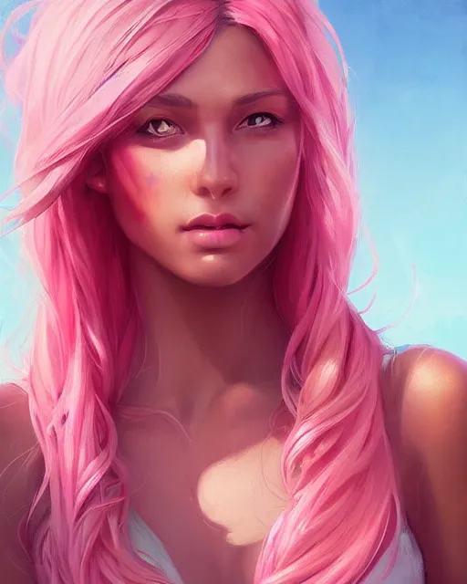 Prompt: summer vibes, beautiful sun tanned goddess portrait, flowy pink hair, sun, summer, cinematic lighting, highly detailed, digital painting, trending on artstation, pixiv, concept art, sharp focus, illustration, art by ross tran and wlop