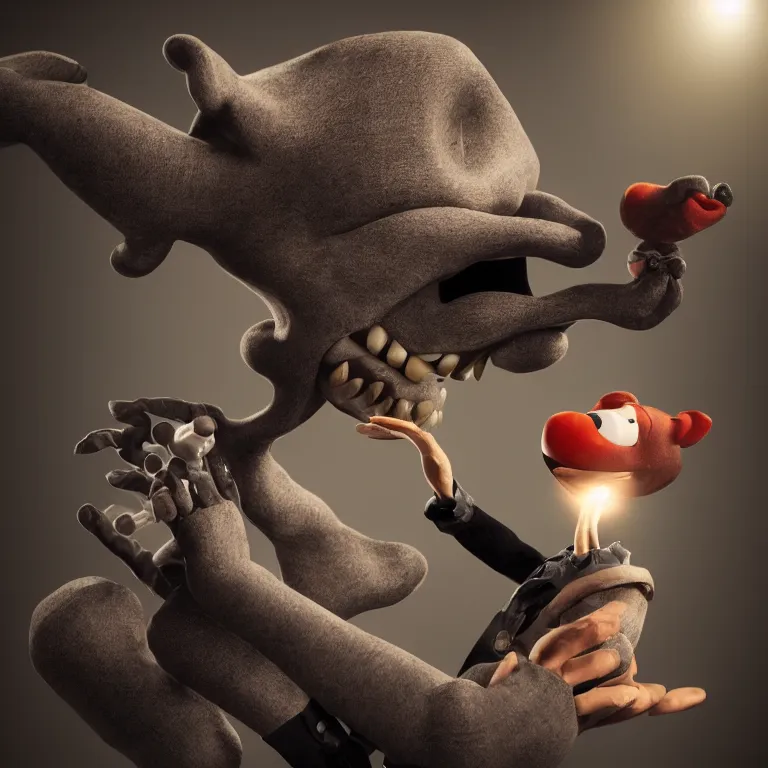 Image similar to arthouse film octane render portrait by wayne barlow and carlo crivelli and glenn fabry, an cute adorable evil hand puppet attacking a puppeteer wearing black tights and a long black shirt, cinema 4 d, ray traced lighting, very short depth of field, bokeh