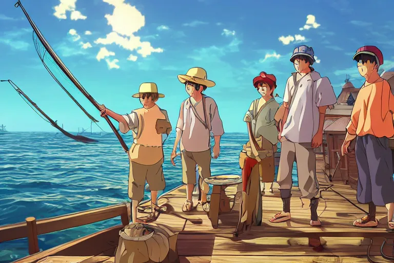 Prompt: cell shaded anime key visual of a group of fisherman trying to sell fish on the docks of a coastal fantasy city in the style of studio ghibli, moebius, makoto shinkai, dramatic lighting