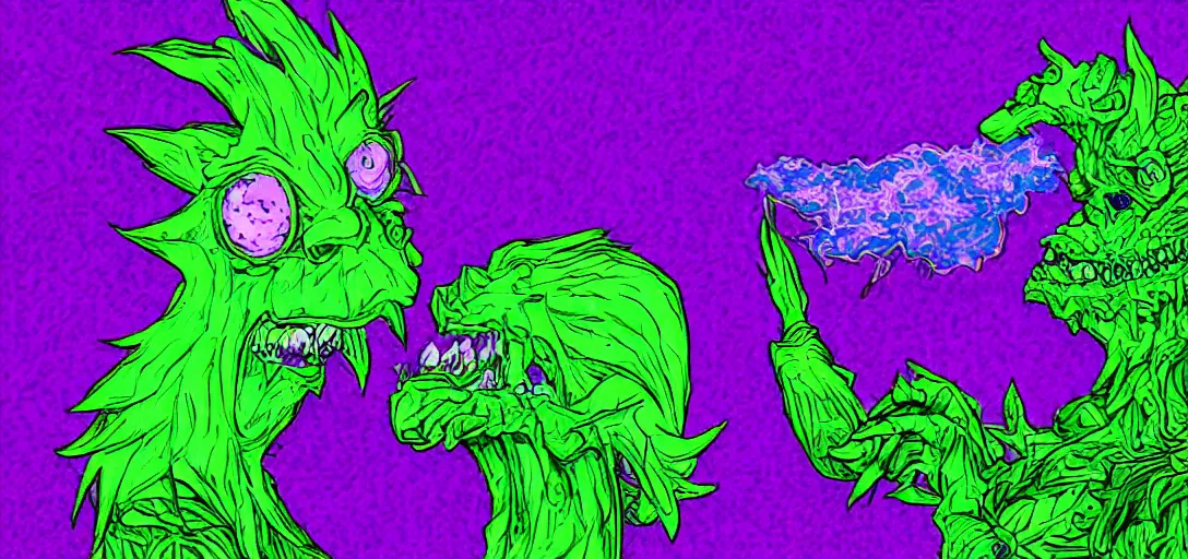Prompt: green crystal monster exhaling violet toxic smoke, neon purple, cyberpunk, digital art, very detailed, high quality