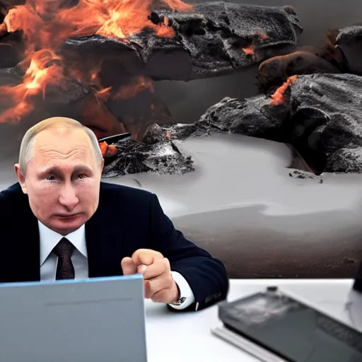 Image similar to putin with his face in his hands with a laptop which is on fire sitting next to him on the ground.