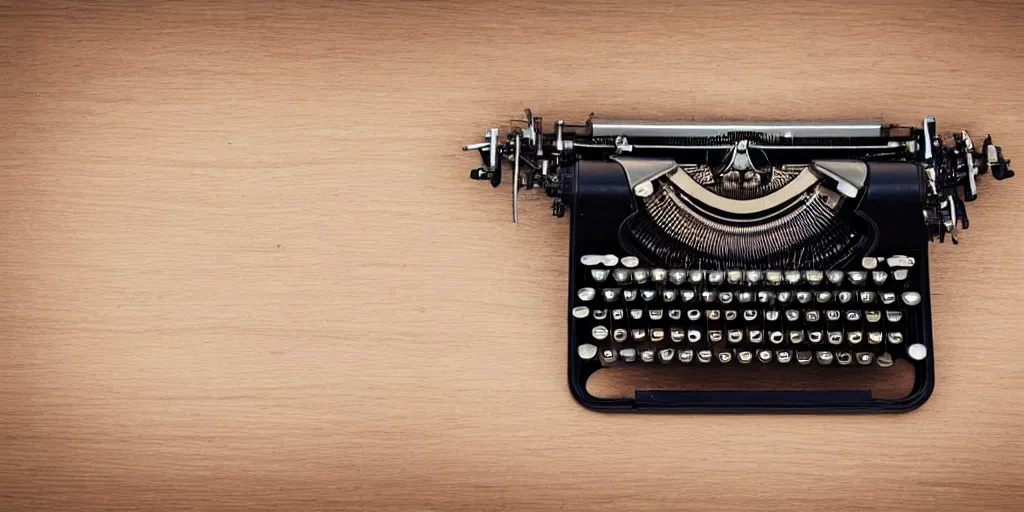 Prompt: an old detailed top - down photograph of an old typewriter on a table, paper, pen, warm night light, 8 k