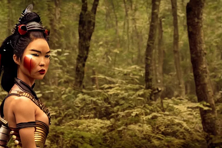 Prompt: vfx movie scene closeup nomad cyborg warrior geisha in a smoldering forest. by emmanuel lubezki